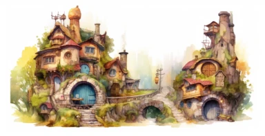 Adorable hobbit houses, clipart, vivid colours, ornamental watercolor, white background, I can’t believe how beautiful this is