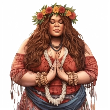 boho plus size woman, Hawaiian, modern, semi-realistic, spiritual, witchy, clipart, fantasy, white background, high quality, beautifully accurate illustrations