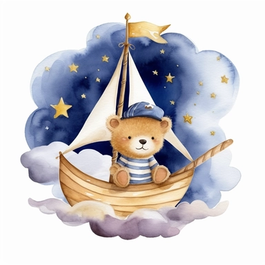 night sky clouds and a swarm of golden stars. a cute plushie sailor bear in a striped blue and white shirt and a sailor hat, in a wooden sailboat with a white sail, sailing on fluffy clouds not sea. dreamy. prominent visible brush strokes, watercolour texture, watercolor clipart png on white background