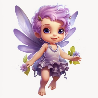 a beautiful happy baby fairy girl, purple flowered dress, blue eyes, highly detailed image, full body image, big wings, pixar style, clipart, white background,