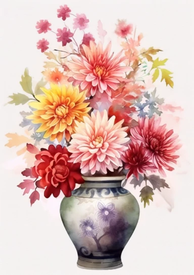 Bouquet of beautiful flowers in a Japanese vase - Japanese Serenity: Cherry Blossoms (Japan), Lotus (India), Chrysanthemums (China) - artistic watercolor clipart