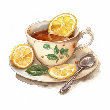 realistic beautiful cup of tea, with lemon wedges and mint leaves, silver spoon and cookie, vintage, very detailed, hipster style cafe, white background, still life photography, food photography, dessert photography, dreamy, clipart, watercolor illustration style