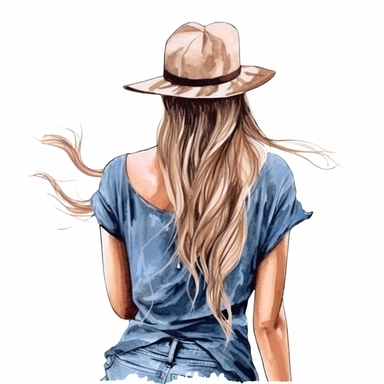 Girl in hat with pigtail, girl back in blouse and jeans, fashion girl summer, instant download, fashion girl clipart, follow your dreams