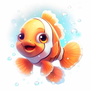 Cartoon cute clown fish, in the style of magali villeneuve, on a white background, Clipart, pastel neon colors, whimsical, magical, children illustration, twinkling lights, beautiful, sparkly, girly, feminine, engaging, High definition, 2D, HD, isolated on white background