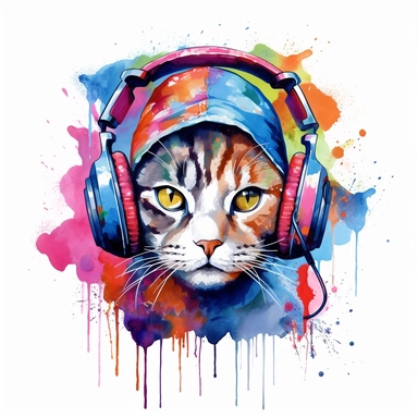 colorful cat art, full body, wearing cap and headphones, clipart, white background