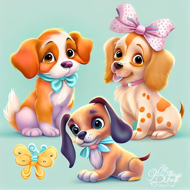 walt disney style, sweet cheerful pets with bows, soft toy look, clipart set