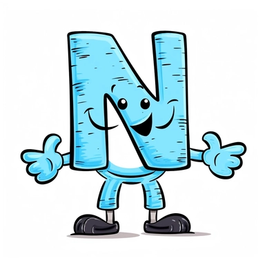 clipart style blue letter N with black line, with arms, legs and friendly cute face for children, isolated, white background,