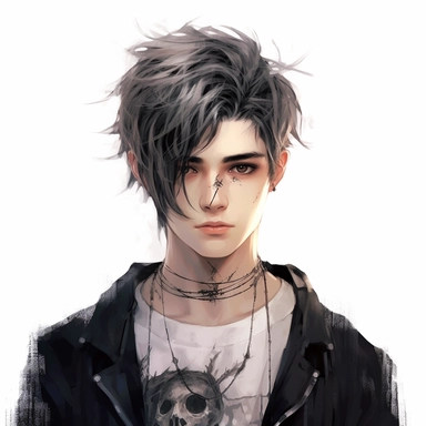 beautiful stunning handsome cute anime gothic e-boy, paint art style, clipart, white background, superrealistic, one of a kind