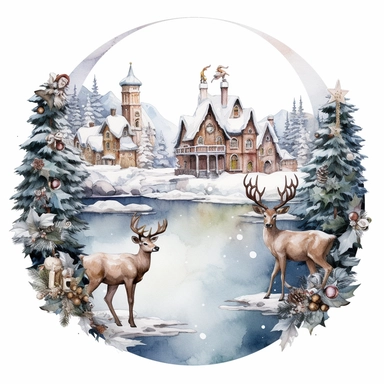 vintage design, advent wreath around, christmas theme Watercolor Cute santa claus wearing Clipart Collection in beautiful winter landscape with a lot of snow and a small lake and a small town with church, moose, advent wreath around, christmas theme, detailed, isolated, white background, one pattern