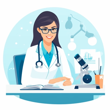 vector design, image of smiling woman doctor, doctor-without-glasses, no glasses, sitting at the table, stethoscope around the neck, medical instruments, writes, flat modern illustration, clipart, white background, soft gradient transition, in the style of warm color palette, natural pastel colors, in dark blue and turquoise colors, object portraiture specialist, uniformly staged images, animated illustrations