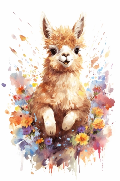 A highly detailed watercolor drawing of an adorable baby alpaca frolicking on a rolling wildflower hill on white background. The alpaca is captured in a playful and joyful moment, with its fluffy coat bouncing as it jumps and runs through the vibrant wildflowers. The watercolor depicts the intricate details of the alpaca's features, including its expressive eyes, cute ears, and endearing smile. The drawing showcases the alpaca's interaction with the colorful wildflowers, with petals and blooms s