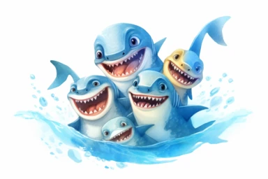 cute baby shark playing with siblings, Clipart, On White Background, Spaced out