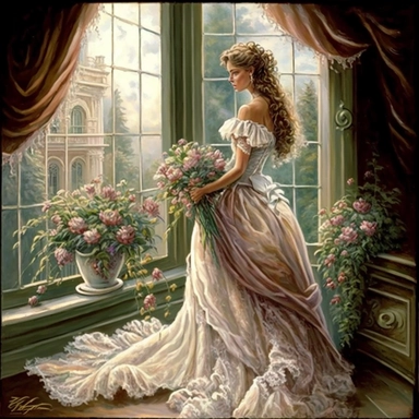 beautiful lady, very detailed, wearing beautiful flowing dress, standing by large victorian window, looking out the window, beautiful romantic bouquet of flowers, beautiful crystal ornate vase, sitting on table with decorative tablecloth, infront of large victorian window with beautiful flowing curtaings, soft colors, crisp colors, ribbon, very detailed, fantasy, romantic, clipart style