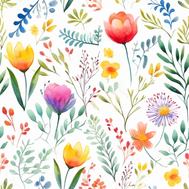 flora, flowers, Watercolor, vector, white background, clipart, Seamless patterns, repeating patterns design, flat illustration, outlined , Vector, 4K, Art station, digital print, highly detailed clean, A detailed illustration a field,3D vector art, cute and quirky, fantasy art, watercolor effect, bokeh, Adobe Illustrator, hand-drawn, digital painting, low-poly, soft lighting, bird's-eye view, isometric style, retro aesthetic, focused on the character, 4K resolution, vector image, photorealistic 