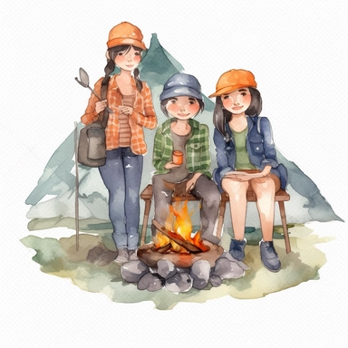 Watercolor group of friends three four people camping bbq cat smile png Full body realistic cartoon 32k UHD cute. 15 cm thick outline. Black color. There was no shadow on the ground. with realistic watercolors and detailed illustrations. Cartoon, PNG clipart, transparent white background