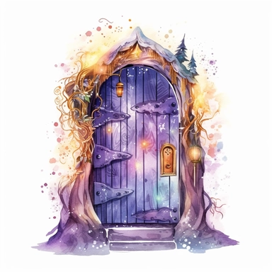 cartoon fairy door, glowing lights and sparkles, purple gold and blue, glamorous realistic and detailed, watercolor, white background with margins, clipart style