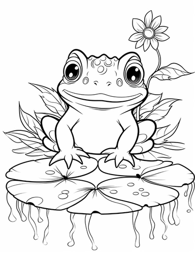 delightful and friendly Xenopus frog sitting on a lily pad, coloring book for 3 year old kids, very simple, Disney style, black and white, line art, coloring page, printable, thin lines, no details, no shadow, crisp lines, illustration, vector, clipart