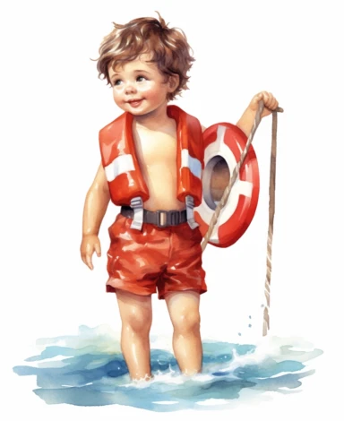 watercolor baby boy vintage lifeguard clipart , detailed character illustrations, graphic vector design, colorful, isolated on white background
