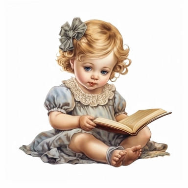 Cute Beautiful Vintage Baby Girl Reading Book Sublimation Clipart,hyper realistic, intricate detail, illustration style,high solution,on the white background