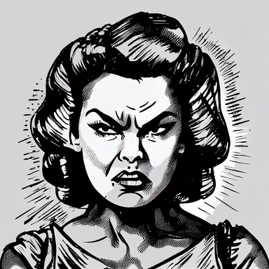 angry woman, upper body portrait, vintage clipart style, black ink, white background,