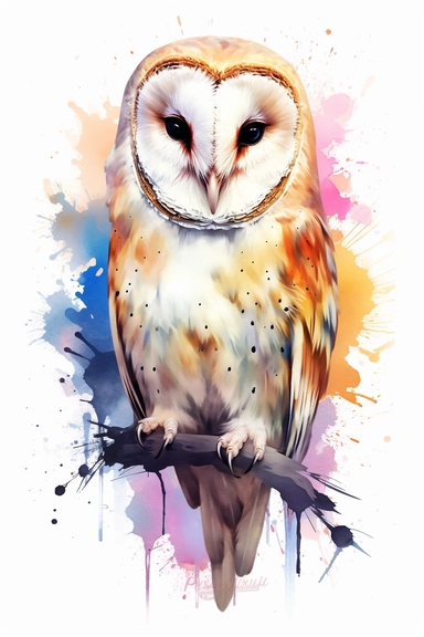 barn owl, use a combination of vibrant colors and subtle variations in color to capture the freshness and vitality of the scene. Let the transparent and flowing nature of watercolors add a sense of lightness and movement to the painting, clipart, plain isolated white background, 8k ultra detail high sharpness