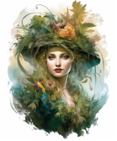 watercolor mixed media a portrait of a beautiful witch covered with moss and fern and branches with summer flowers, masterpiece by Hans Zatzka style and by Pierre-Joseph Redout style and by Vladimir Kush style and by Ivan Fedorovich Choultse style, PNG clipart, isolated on white, white background, extreme photorealistic details, 32k HD resolution, realistic high detailization high resolution