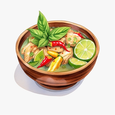watercolor, hyper realistic, white background, white margins, 16k, ultra detailed clipart, cut out image, hand-drawn a spicy Thai green curry with chicken, served in a ceramic bowl with a side of steamed rice, and garnished with basil leaves, chili peppers, and lime wedges. in the style of anime art, frostpunk, photo-realistic drawings, villagecore, lively and energetic, high quality, anime