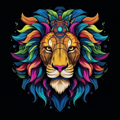 psycheledic clipart, a mad lion, black background