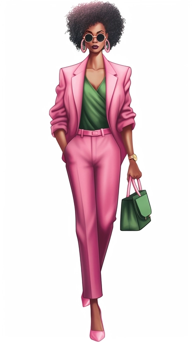 Faceless clipart, Boss girl clipart, Fashion illustration, African American clipart, Look Clipart, Fashion clipart, Black woman clipart, pink and green toned, royal, cartoon, painting
