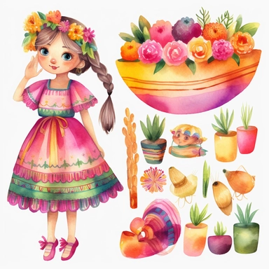 Colorfull clip art watercolor,a girl cinco de mayo dress, 8k