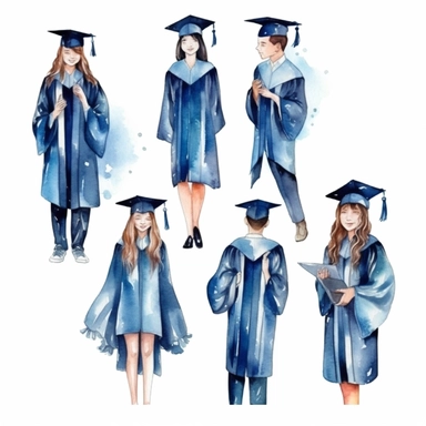 watercolor graduation ceremony related scenes, illustrations clipart set, simple, , cartoon elements ,different variants , separate elements with a margin, ,4k, high resolution