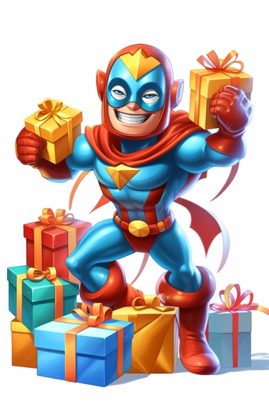 Create a clipart image of a superhero character receiving birthday presents. Depict the superhero character surrounded by beautifully wrapped gifts of different sizes and shapes. Include a joyful expression and a white background.