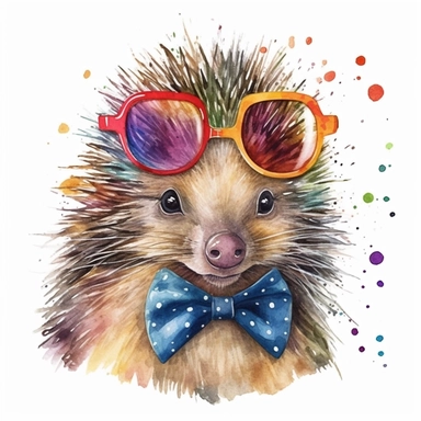 please create watercolor clipart of a porcupine smiling, wearing party GLASSES AND BOW TIE and bubbles, colorful, WHITE BACKGROUND