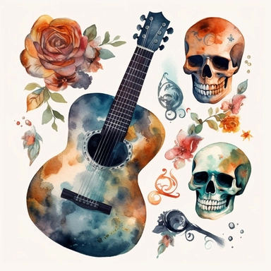 guitar, creative, skull, watercolor, clipart