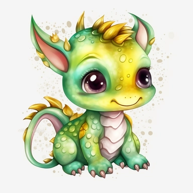 Watercolor: big eyes kawaii chinese baby dragon full body png realistic cartoon 32k UHD cute 15cm thick outline black color no shadow on the floor. With illustrations , realistic watercolors and detailed illustrations Cartoon, PNG clipart, transparent white background