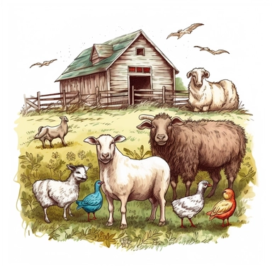Turkey and Cattle and Sheep on the Farm ， White background ， Clip Art Style ，