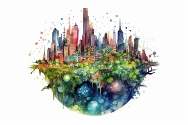 Watercolor, Imagine a planet with a cityscape made entirely of intricate, living vines clipart, hd, on a white background, spaced out