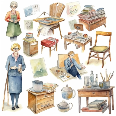 watercolour clipart of a class teacher stuff, full length, high quality, very high details , white background