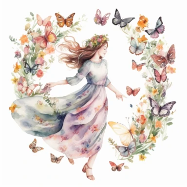 watercolor, hyper realistic, white background, white margins, 16k, ultra detailed clipart, cut out image, hand-drawn, whimsical a lady with a flower crown, twirling in a meadow as butterflies flutter around her in a whimsical dance