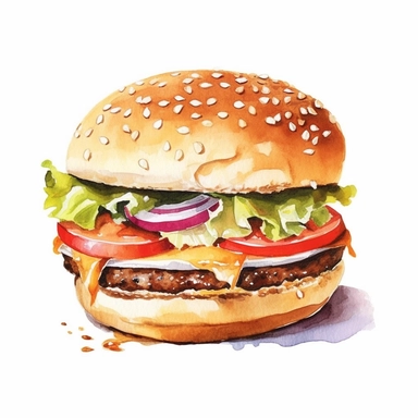 Hamburger watercolor clipart, white background, neutral muted colors, high quality, hyperrealistic, detailed, vintage, color palette red, blue, white, picnic