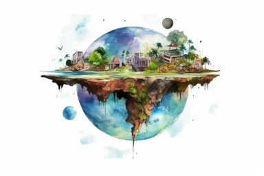 Watercolor, Design a planet with floating islands that are home to a harmonious, telepathic society clipart, hd, on a white background, spaced out