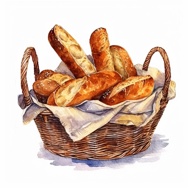 a basket of dark bread and baguette clipart watercolor