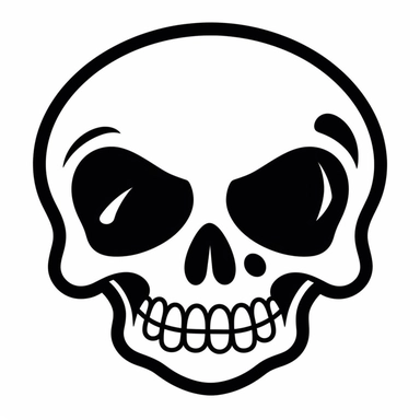 black and white silhouette of a friendly cartoon skull, clipart style, white background, thick lines, vector, simple design, flat colour, solid colour