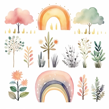 rainbows boho childish watercolor neutral colors sweet clipart collection with white background - - upbeta