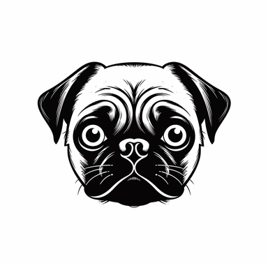 Simple outline of a front - facing crooked head happy Pug dog head peeking with front paws, cute clipart, flat 2d vector, minimalist, black and white, kids cartoon, svg cut file, line art drawing, white isolated background