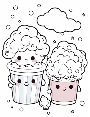 Kawaii cotton candy characters with fluffy pink or blue swirls and charming expressions. For Simple Coloring page,line art, thick lines, black and white,clipart, illustration, on white background,margin Page 10px
