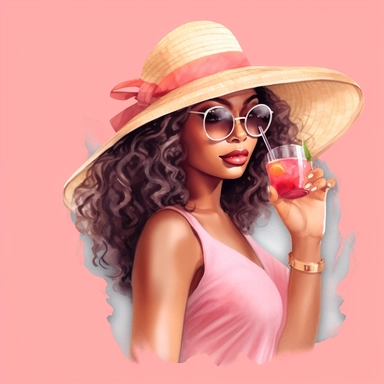 pretty black girl, Sun Straw Hat Wide Brim Summer Hat Foldable Roll up Floppy Beach Hats, pretty, holding a cocktail drink, pink outfit, 4k, hd, clipart