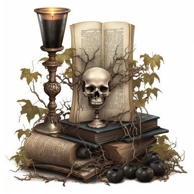 gothic clipart, skulls, books and ivy. goblets, candles