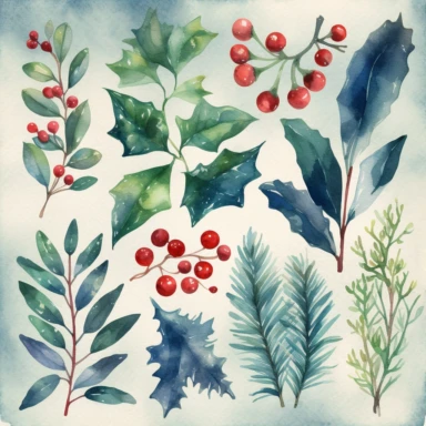 Generate a set of watercolor clipart images with a Christmas theme, featuring delicate and intricate designs of traditional holiday symbols like snowflakes, holly leaves, mistletoe, Christmas trees, and ornaments. The images should have crisp lines and clear outlines, with a high level of detail and subtle colors to make them elegant and beautiful. Please generate the images at the highest quality possible, with a resolution of at least 300 dpi and a size of 8x8 inches