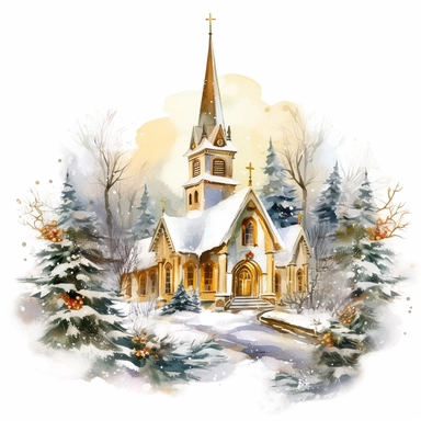 watercolor vintage gold realistic church at Christmas with Christmas decor clipart, Thomas Kinkade style, photorealistic, vector, on white background, hd, gold color scheme, ultrarealistic